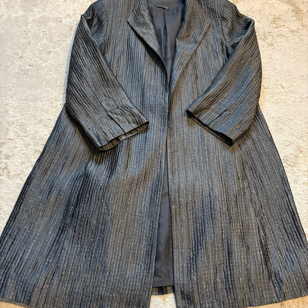 Eileen Fisher Metallic Grey Textured Silk Open Front 3/4 Jacket Size MEDIUM - Picture 10 of 16
